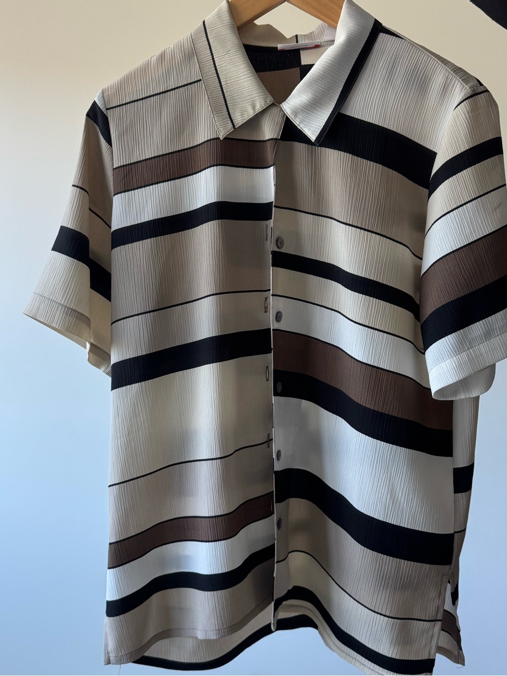 Alia Beige, Brown & Black Striped Short Sleeve Button-Down Shirt